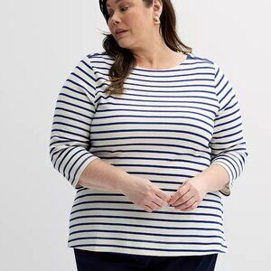 Croft & Barrow 3/4-Sleeve Button Shoulder Top Navy Blue Stipe XL